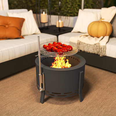 Outsunny Portable Fire Pit, 58 cm Round Firepit with Grill Grate, Fire Bowl with Ash Catcher and Poker, Fire Pit BBQ for Garden Camping Bonfire Picnic, Black 