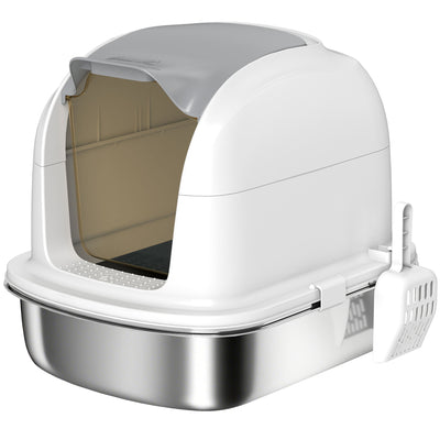 PawHut Stainless Steel Cat Litter Box with Lid, for Cats, Enclosed Cat Litter Box with Flip Cover, Scoop 