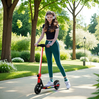 SPORTNOW Folding Electric Scooter for Kids Age 6-14 with Dual Brakes, Front Suspension, LED Colourful Lights and Display, 6.8kg Lightweight Aluminium E Scooter, Up to 14 KM/H & 6 KM, Red 