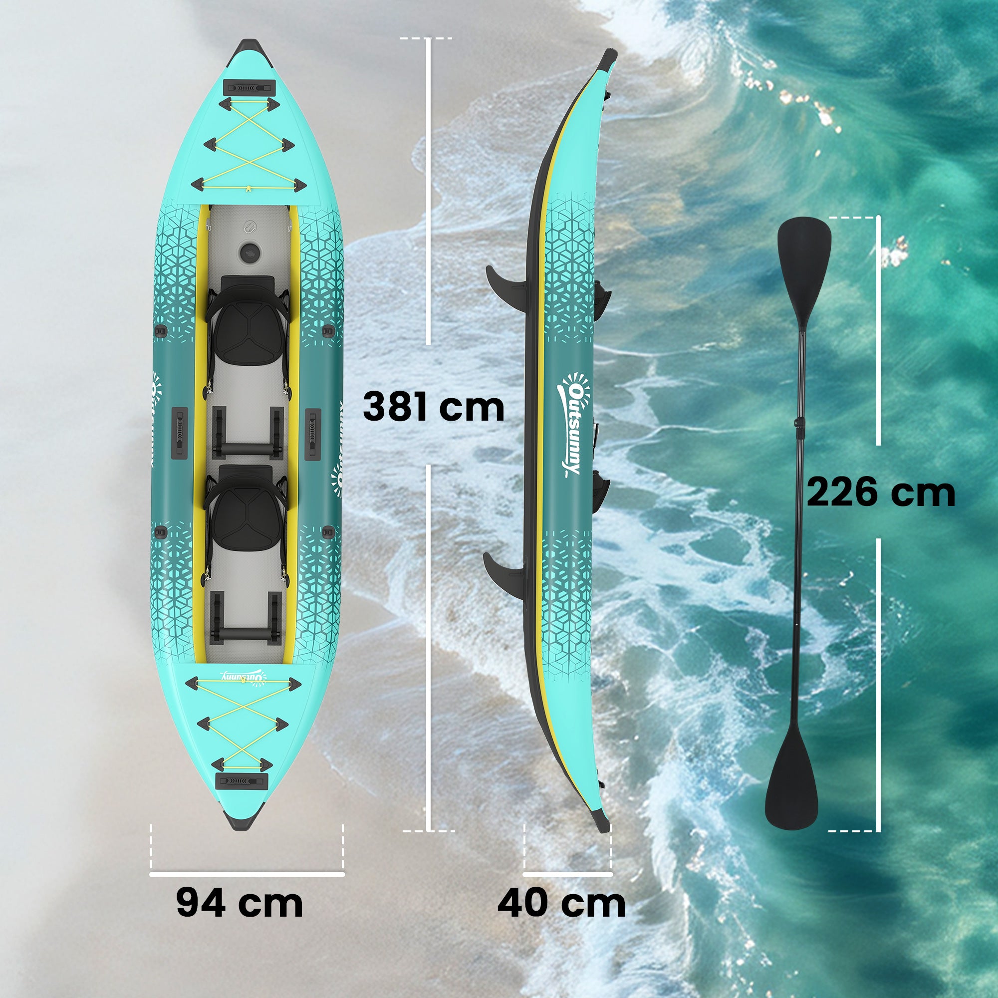 Outsunny 12.5' Inflatable Kayak Set, 2-person Sit on Canoe with Aluminium Oars, Blue and Yellow 