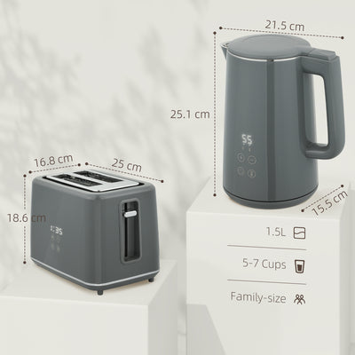 HOMCOM Digital Kettle and Toaster Set, 1.5L 3000W Fast Boil Kettle, 2 Slice Toaster Kitchen Set with 7 Level Browning Controls, Defrost, Reheat, Keep Warm, Crumb Tray and LED Touch Display, Grey 