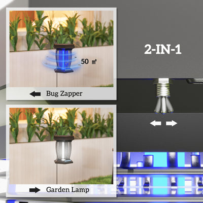 Outsunny 2-in-1 Electric Fly Zapper with UVA Light, Hanging Garden Lantern, Solar and USB-DC Rechargeable Insect Mosquito Bug Zapper, Fly Killer for Indoor and Outdoor Use, Black 