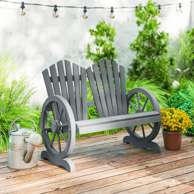 Outsunny Fir Wood Love Seats with Wheel-Shaped Armrests, Large Load-Bearing Chair, Grey 