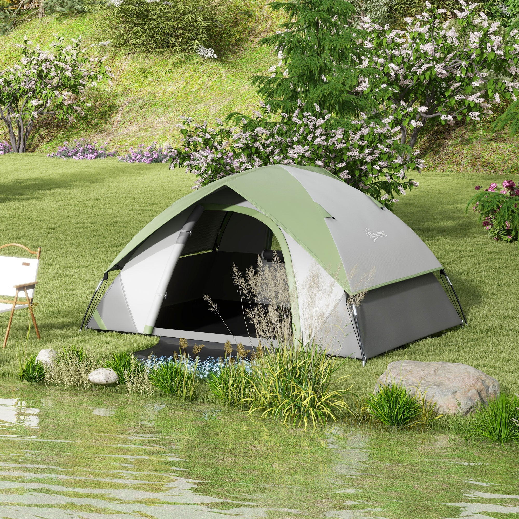 Outsunny Two Man Single Room Dome Tent, with Accessories - Green/Grey 