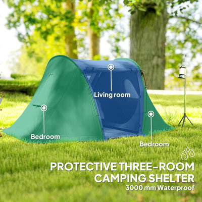Outsunny 3 Man Camping Tent with Living Area and 2 Bedrooms, 3000mm Waterproof Family Tent with Sewn-in Groundsheet, Portable with Bag for Hiking, Festival, Backpacking, Drak Grey 