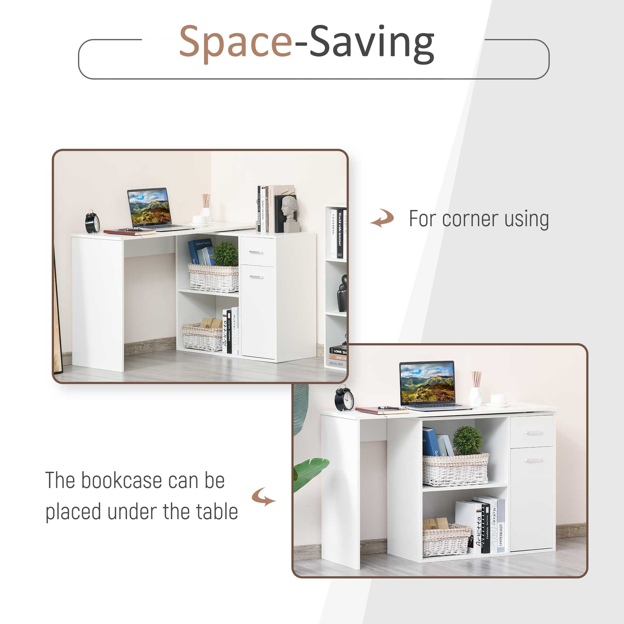 HOMCOM L-Shaped Desk, Corner Computer Desk, Adjustable Study Table with Storage Shelf, Drawer and Cabinet, Workstation for Home Office, White Wood Grain 