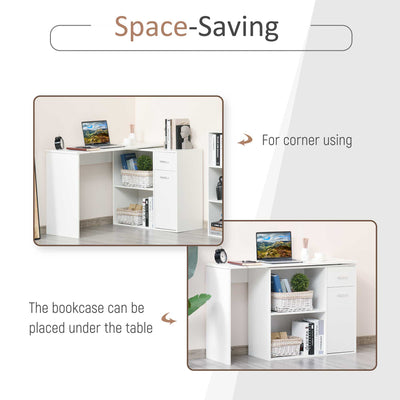 HOMCOM L-Shaped Desk, Corner Computer Desk, Adjustable Study Table with Storage Shelf, Drawer and Cabinet, Workstation for Home Office, White Wood Grain 