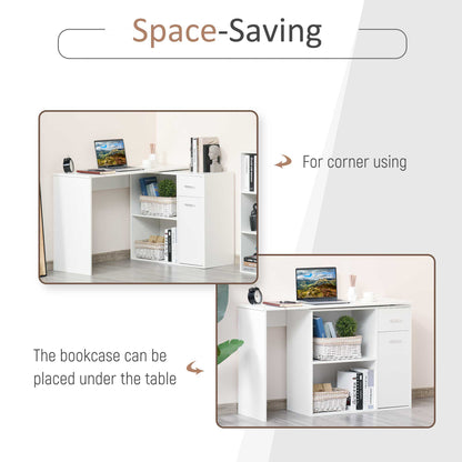 HOMCOM L-Shaped Desk, Corner Computer Desk, Adjustable Study Table with Storage Shelf, Drawer and Cabinet, Workstation for Home Office, White Wood Grain 