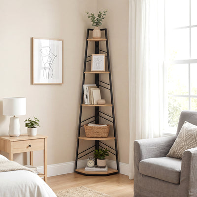 HOMCOM Corner Bookcase, 5-Tier Floor Standing Bookshelf, Shelving Unit for Living Room, Study, Bedroom, Natural Wood Finish 