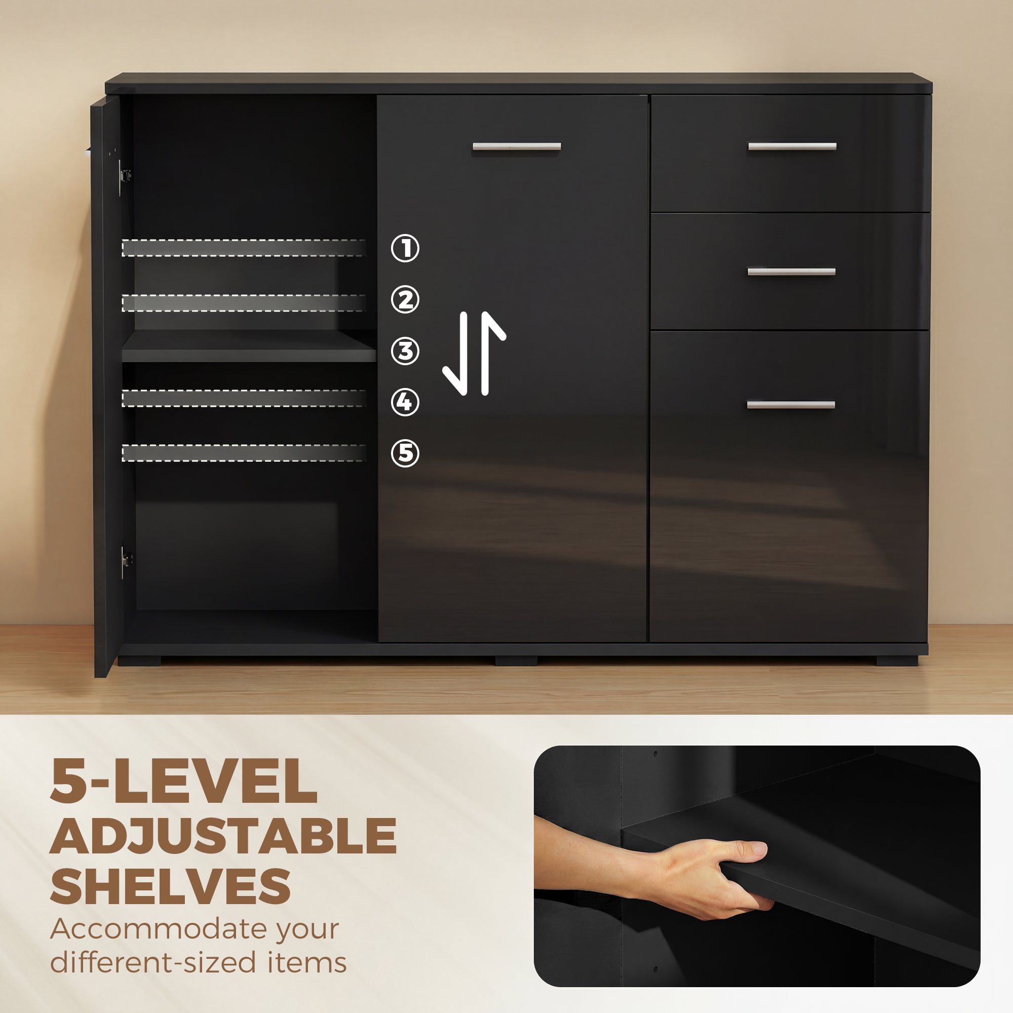 HOMCOM Sideboard, Modern Storage Cabinet with 2 Drawers, 3 Doors and Adjustable Shelves, High Gloss Black 