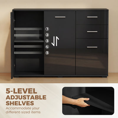 HOMCOM Sideboard, Modern Storage Cabinet with 2 Drawers, 3 Doors and Adjustable Shelves, High Gloss Black 