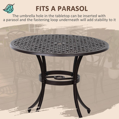 Outsunny 5 Pieces Garden Dining Set for 4, Cast Aluminium Outdoor Dining Set with 4 Armchairs and Round Dining Table with Parasol Hole, Garden Furniture Set, Brown 