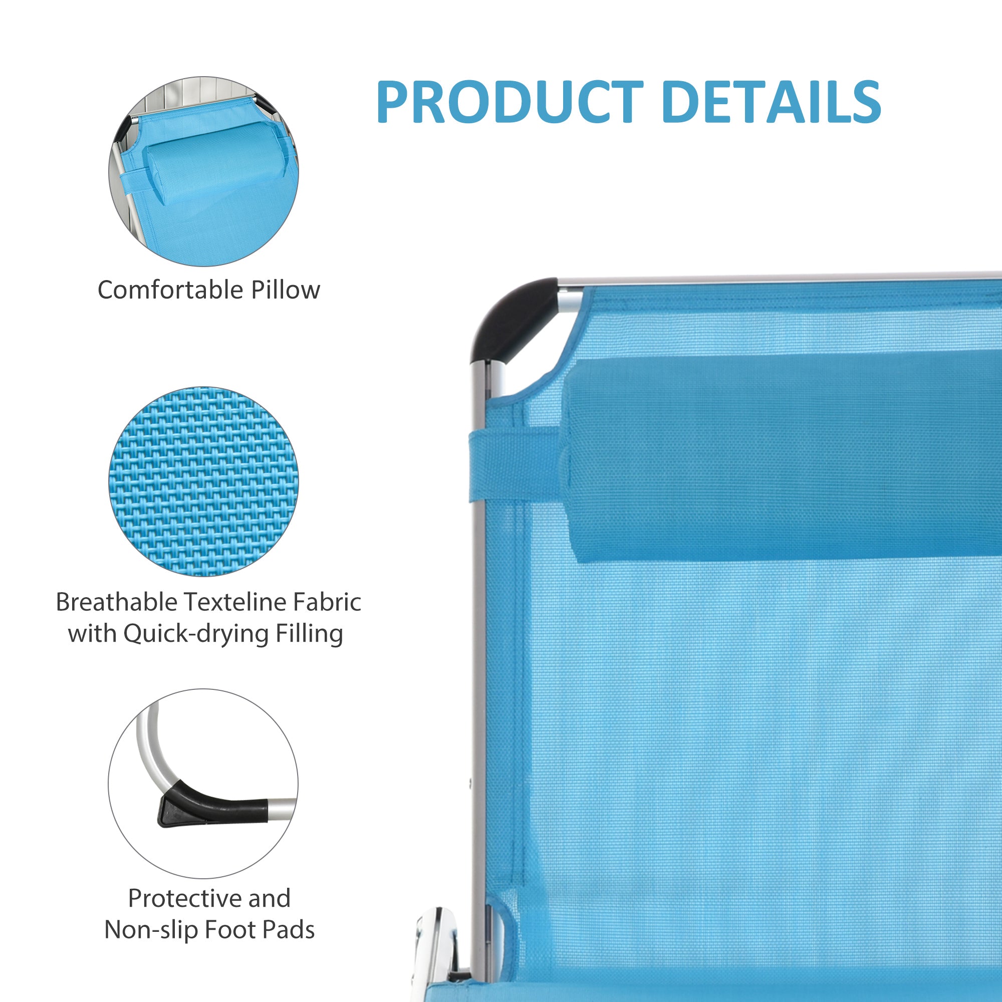 Outsunny Foldable Outdoor Sun Lounger, Reclining Lounge Chair Camping Bed Cot with Pillow 4-Level Adjustable Back Aluminium Frame, Blue 