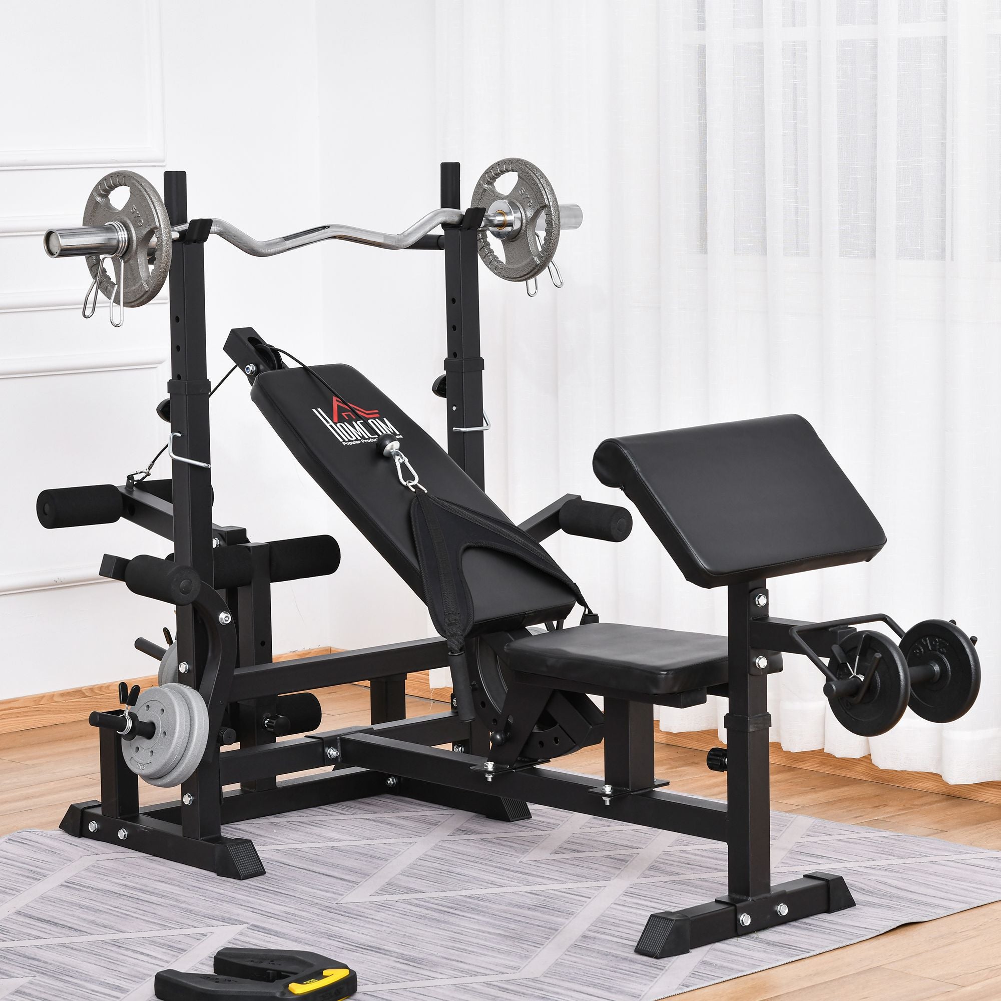 HOMCOM Multi-Exercise Full-Body Weight Rack with Bench Press, Leg Extension, Chest Fly Resistance Band & Preacher Curl 