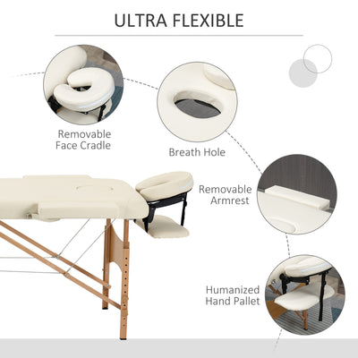 HOMCOM Portable Massage Bed, Folding Spa Beauty Massage Table with 2 Sections, Carry Bag and Wooden Frame, Cream 