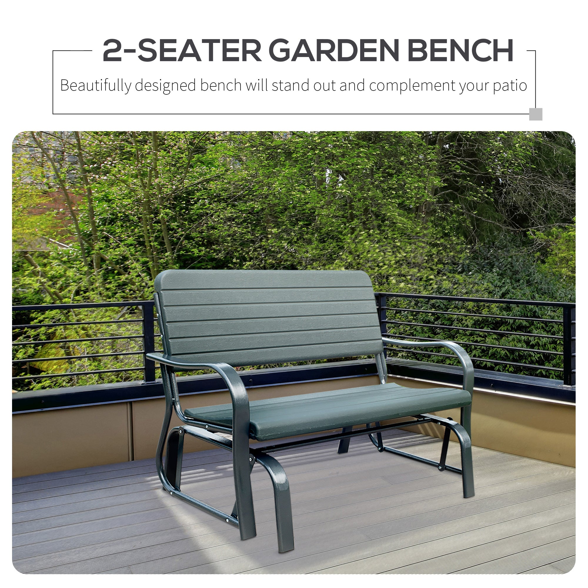Outsunny 2 Seats Garden Glider Bench, Metal Frame and HDPE Swing Loveseat, Porch Rocking Glider for 2 Person with High Back and Armrest, Dark Green 