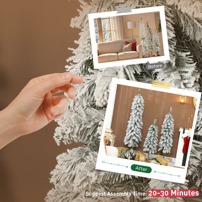 HOMCOM Set of 3 Pencil Flocked Christmas Tree, 3ft 4ft 5ft