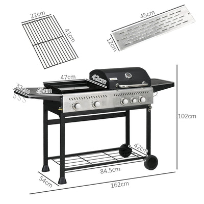 Outsunny 15kW Deluxe Duo Gas BBQ, with Grill, Plancha and Side Burner - Black 