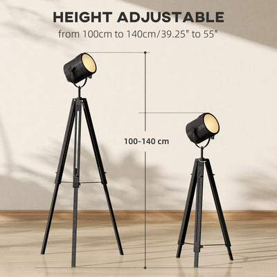 HOMCOM Industrial Tripod Floor Lamp, Nautical Searchlight with Adjustable Height, Wood Legs, E14 Lamp Base for Living Room, Bedroom, Black 