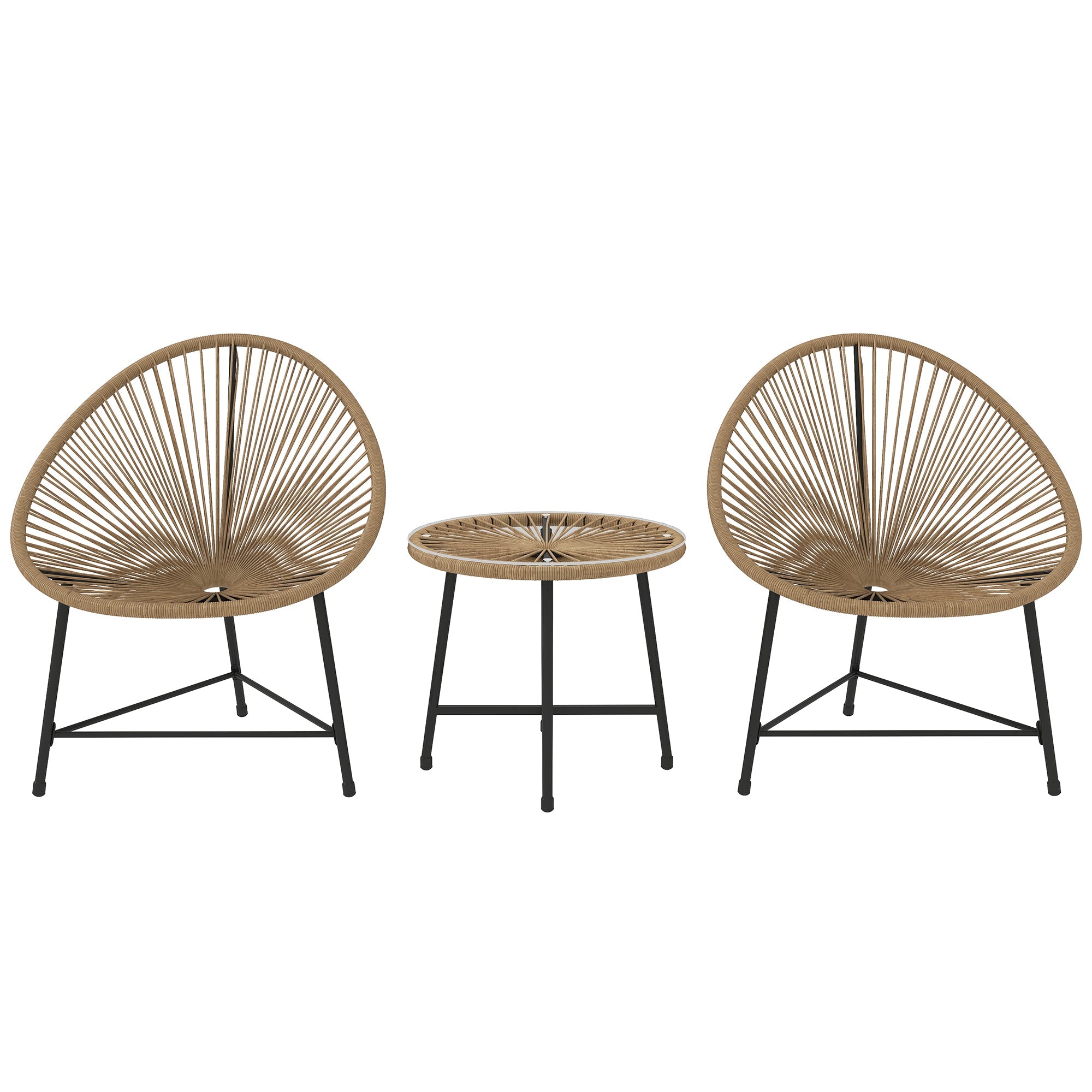 Outsunny 3 Pieces Rattan Bistro Set, Garden Bistro Set with Acapulco Chairs and Glass Top Table, Small Garden Furniture Set with Reinforced Metal Frame for Outdoor, Patio, Balcony, Natural 