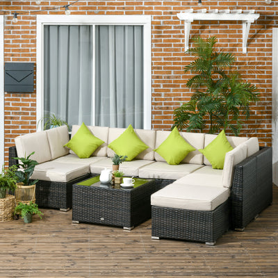 Outsunny 7-Seater PE Rattan Corner Sofa Set, Garden Furniture Set, Patio Wicker Sofa Seater w/ Cushion, Washable Cushion Cover & Tempered Glass Table, Brown 