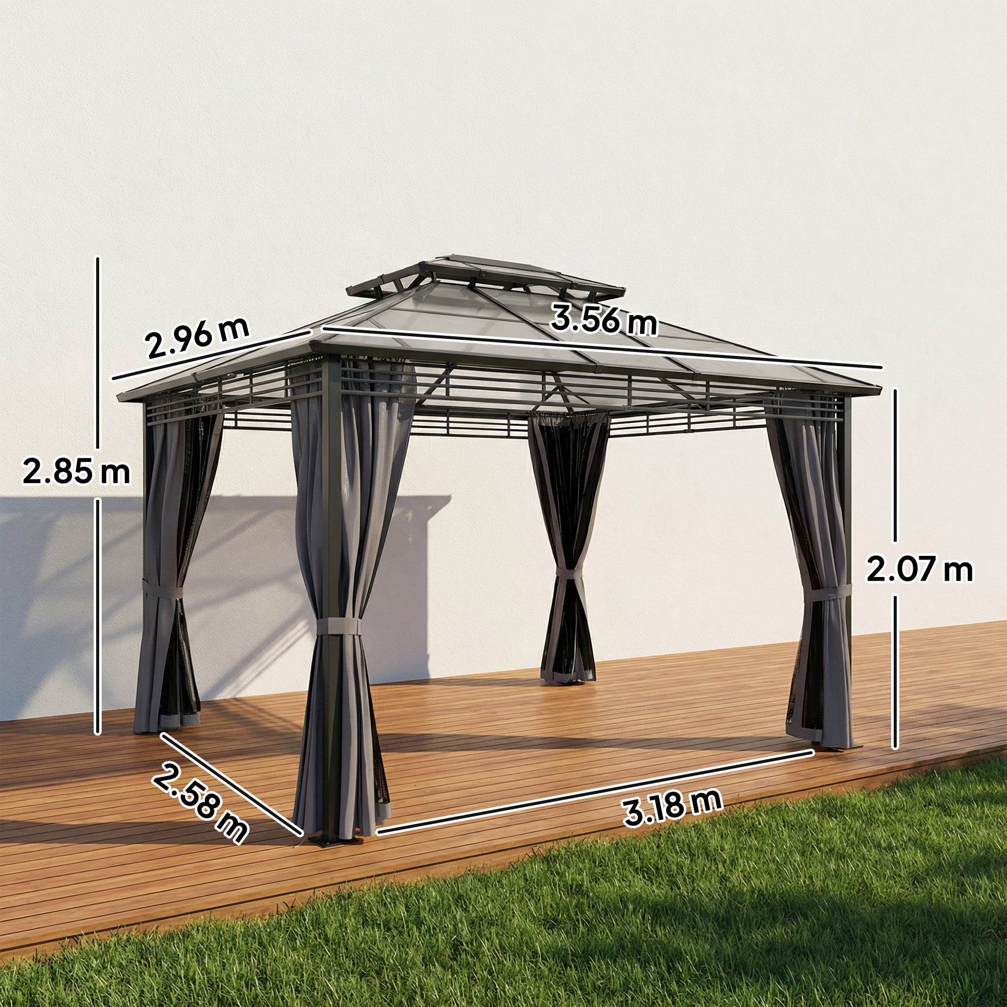 Outsunny 3 x 3.6 m Outdoor Hardtop Gazebo Canopy with 2-Tier Roof, Permanent Pavilion Garden Metal Gazebo with Sides, Dark Grey 