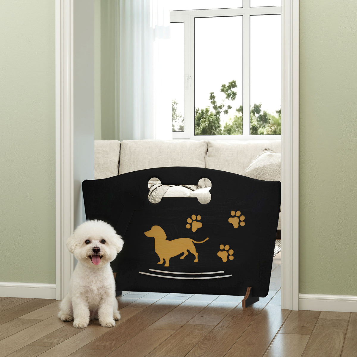 PawHut Wooden Dog Stopper, Dog Barrier with Support Feet, for Stair, Patio, Very Easy Setup, Black, 75 x 51 cm 