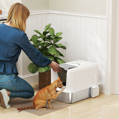 PawHut Stainless Steel Cat Litter Box with Removable Lid, Scoop, Filter Bags, for Larger Cats, White 