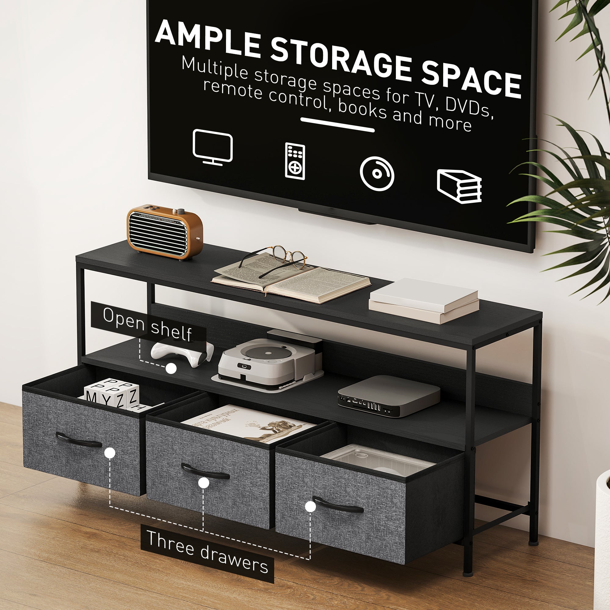 HOMCOM TV Stand Cabinet with 3 Foldable Drawers - Black