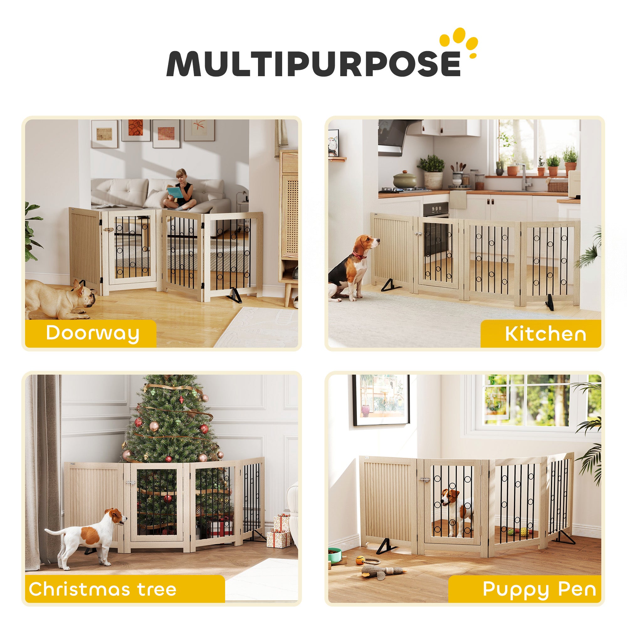 PawHut 4 Panel Freestanding Pet Gate, Indoor Dog Barrier with Lockable Door, Support Feet, 360° Flexible Hinges, Oak 
