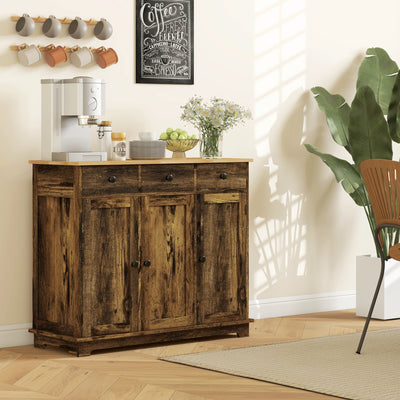 HOMCOM Sideboard with Rubberwood Top and Adjustable Shelves for Dining Room, Kitchen - Rustic Brown 
