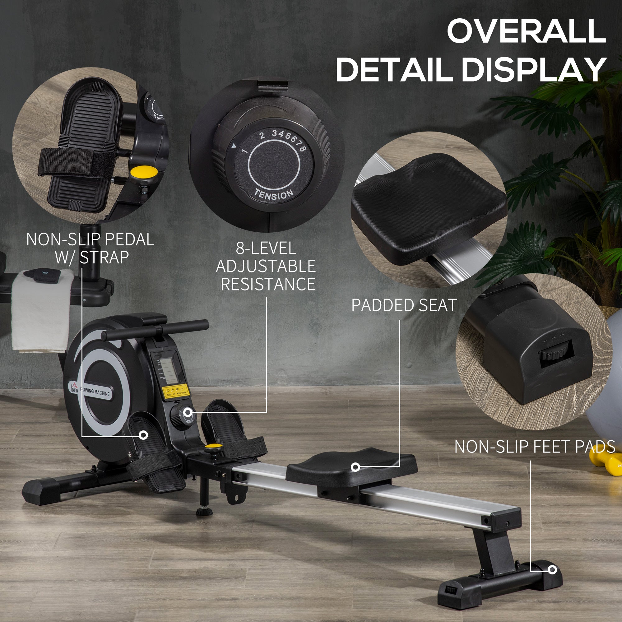 HOMCOM Indoor Body Health & Fitness Adjustable Magnetic Rowing Machine Rower with LCD Digital Monitor & Wheels for Home, Office, Gym 