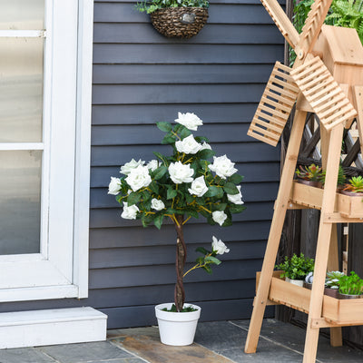 Outsunny Set of 2 Artificial Plants White Rose Floral in Pot, Fake Plants for Home Indoor Outdoor Decor, 90cm 