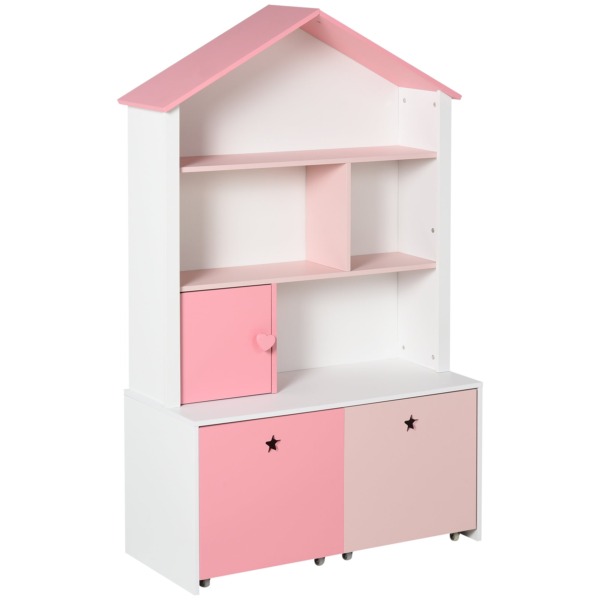 HOMCOM Kids Bookshelf Chest w/ Drawer with Wheels Baby Toy Wood Organizer Display Stand Storage Cabinet 80x34x130cm Pink 