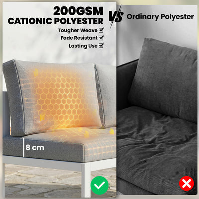 Outsunny 6 Seater Metal Garden Furniture Corner Sofa Set with 3 Loveseats, Faux Wood Table, Texteline Seat, Cushions, White 