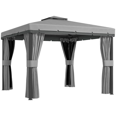Outsunny 3 x 3(m) Patio Gazebo Canopy Garden Pavilion Tent Shelter Marquee with 2 Tier Roof, Netting and Curtains, Light Grey 