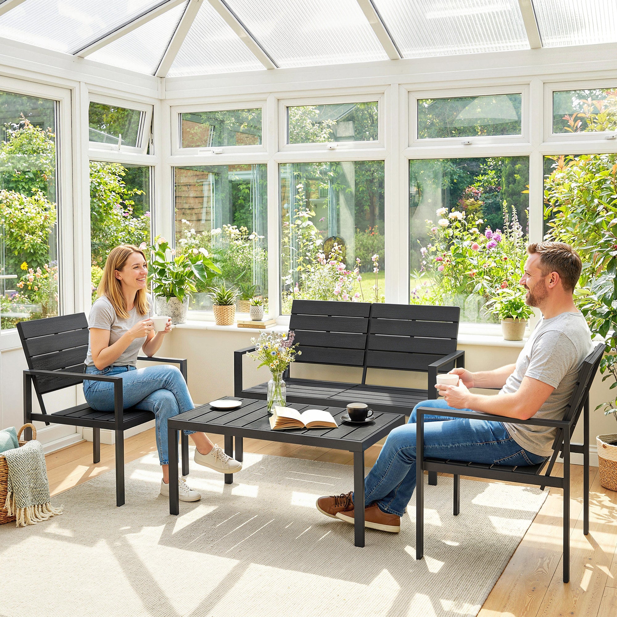 Outsunny 4 Piece Garden Furniture Set, Outdoor Sofa Set with HDPE Slatted Loveseat Armchairs Coffee Table Metal Frame, Black 