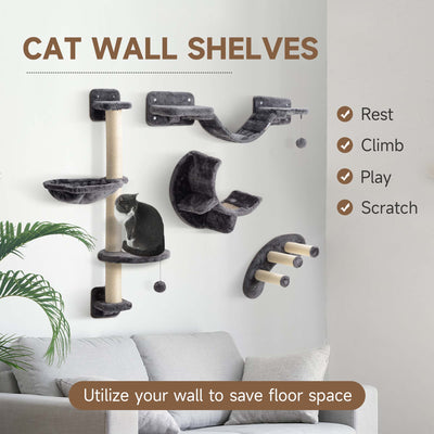 PawHut Four-Piece Cat Wall Furniture, with Hammock, Ladder, Platforms, Steps, for Indoor Use - Dark Grey 