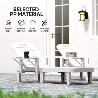 Outsunny Set of 2 Resin Reclining Sun Loungers for Garden, 5 Positions Adjustable Outdoor Chaise Lounge Chairs with Wood Texture Surface, Armrests, Foldable Side Table for Garden, Beach, White 