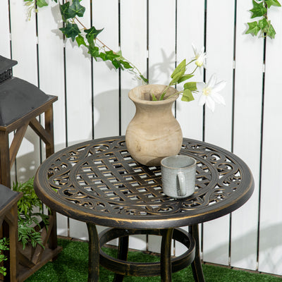 Outsunny 60cm Round Garden Table, Outdoor Hollow Top Design Side Table with Cast Aluminium Frame for Patio, Garden, Balcony, Bronze 