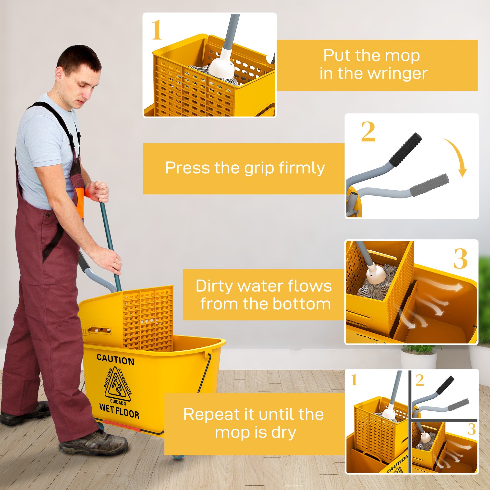 HOMCOM Mop Bucket with Wringer Set on Wheels for Floor Cleaning, 20 Litre Side Press Wringer with Handle and Mop, Yellow 