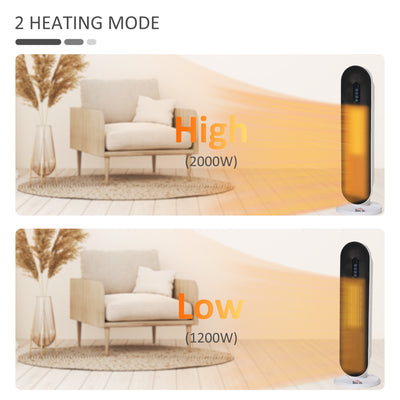 HOMCOM Ceramic Space Heater, Indoor Tower Heater with 2 Heat, Oscillation, Remote Control, Timer, Tip-Over & Overheating Protection, 1200W/2000W, White 