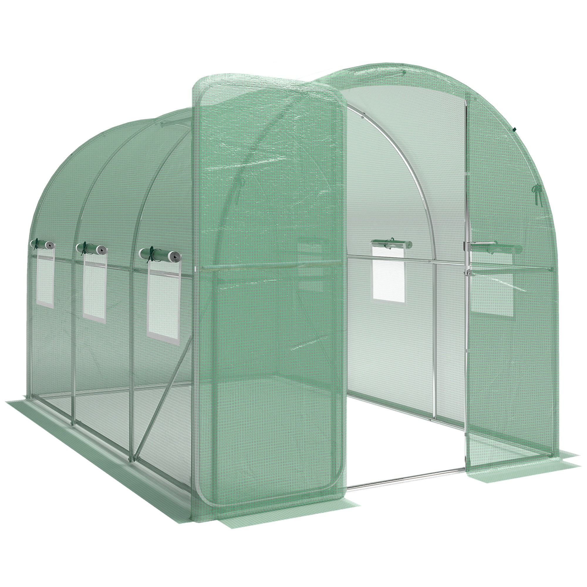 Outsunny 2 x 3 m Walk-in Polytunnel Greenhouse with Hinged Door and 6 Roll Up Mesh Windows, Garden Tunnel Warm House Tent, Green 