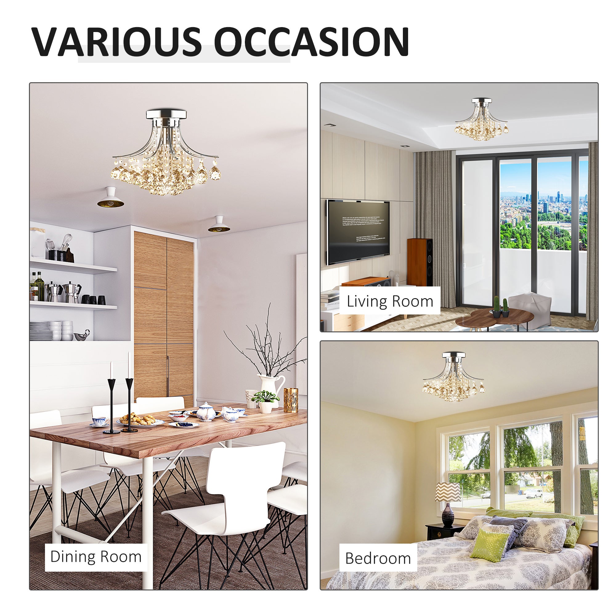 HOMCOM Crystal Chandeliers, K9 Droplets Ceiling Light with 3 E14 Bulb Base, Pendant Lights for Living Room, Bedroom, Dining Room, Hallway, Kitchen 