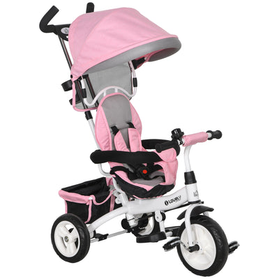 HOMCOM 6 in 1 Kids Trike Push Bike w/ Push Handle, Canopy, 5-point Safety Belt, Storage, Footrest, Brake, for 1-5 Years, Pink 