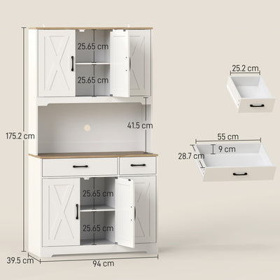 HOMCOM 175 cm Tall Kitchen Pantry Cabinet with Microwave Stand, Freestanding Pantry Cupboard, White 
