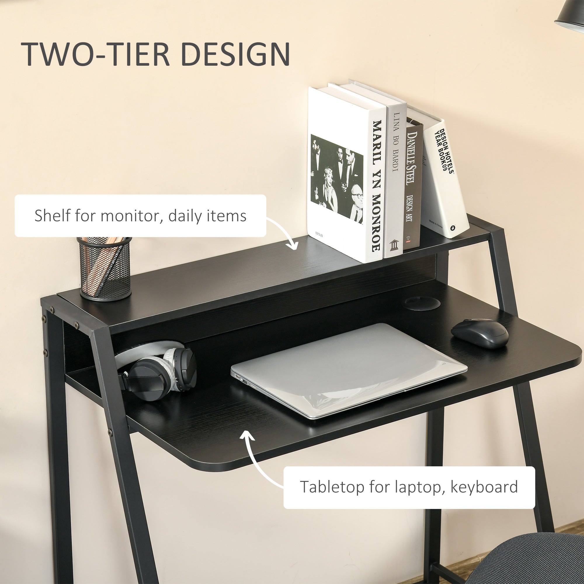 HOMCOM Writing Desk Computer Table Home Office PC Laptop Workstation Storage Shelf 84L x 45W cm Black 