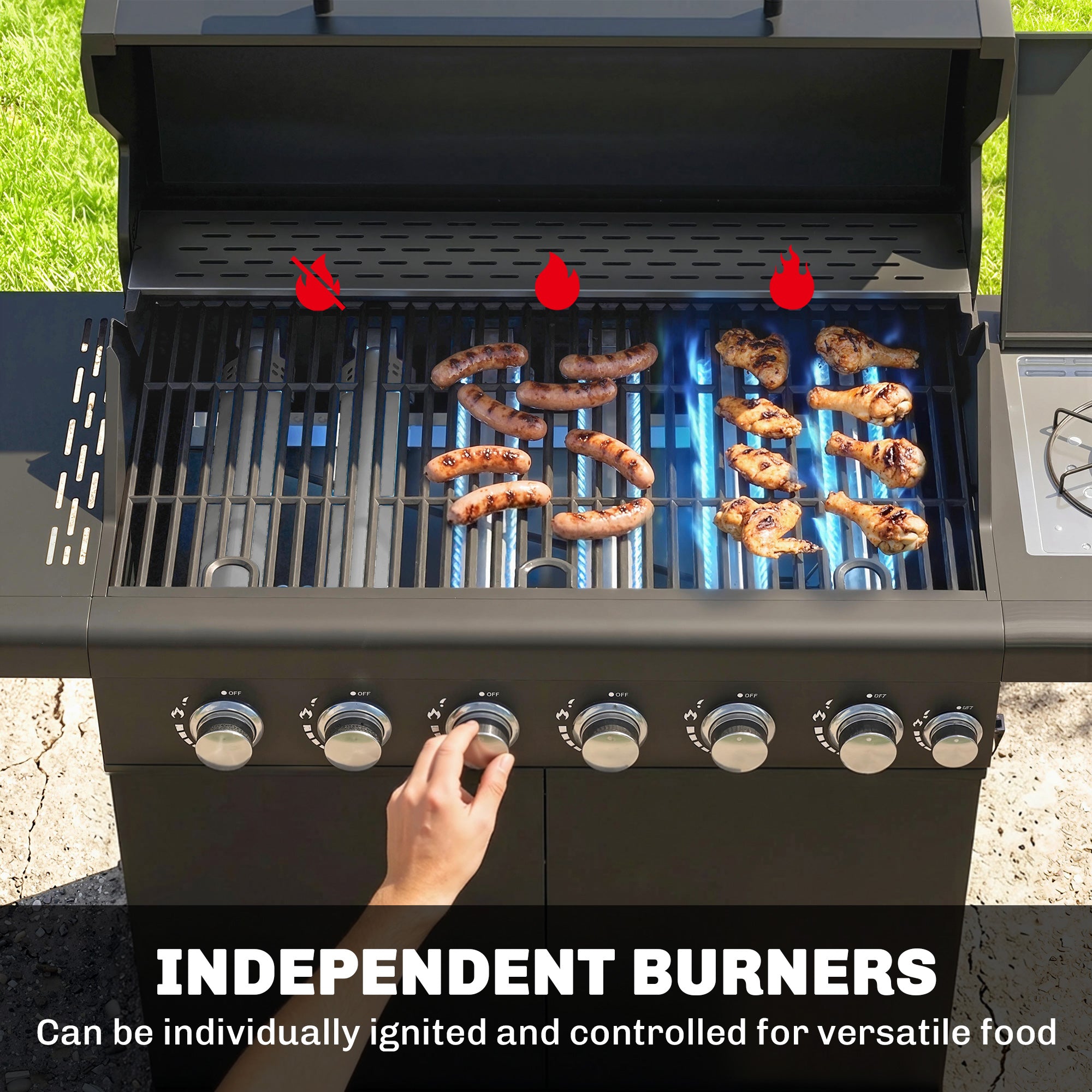 Outsunny 6+1 Burner Gas BBQ Grill, Outdoor Barbecue Trolley with Wheels, Warming Rack, Thermometer, Bottle Opener, Black 