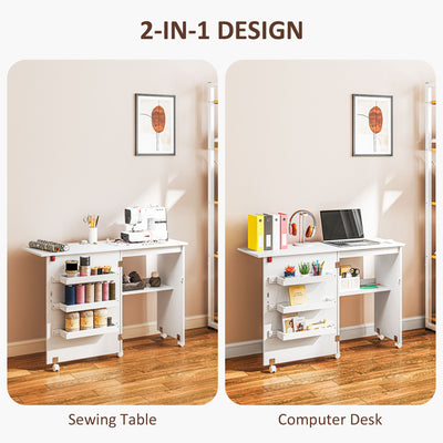 HOMCOM Folding Sewing Table, Drop Leaf Craft Table with Storage Bins, Open Shelf and Wheels, Rolling Sewing Machine Cabinet Computer Desk for Small Space, White 