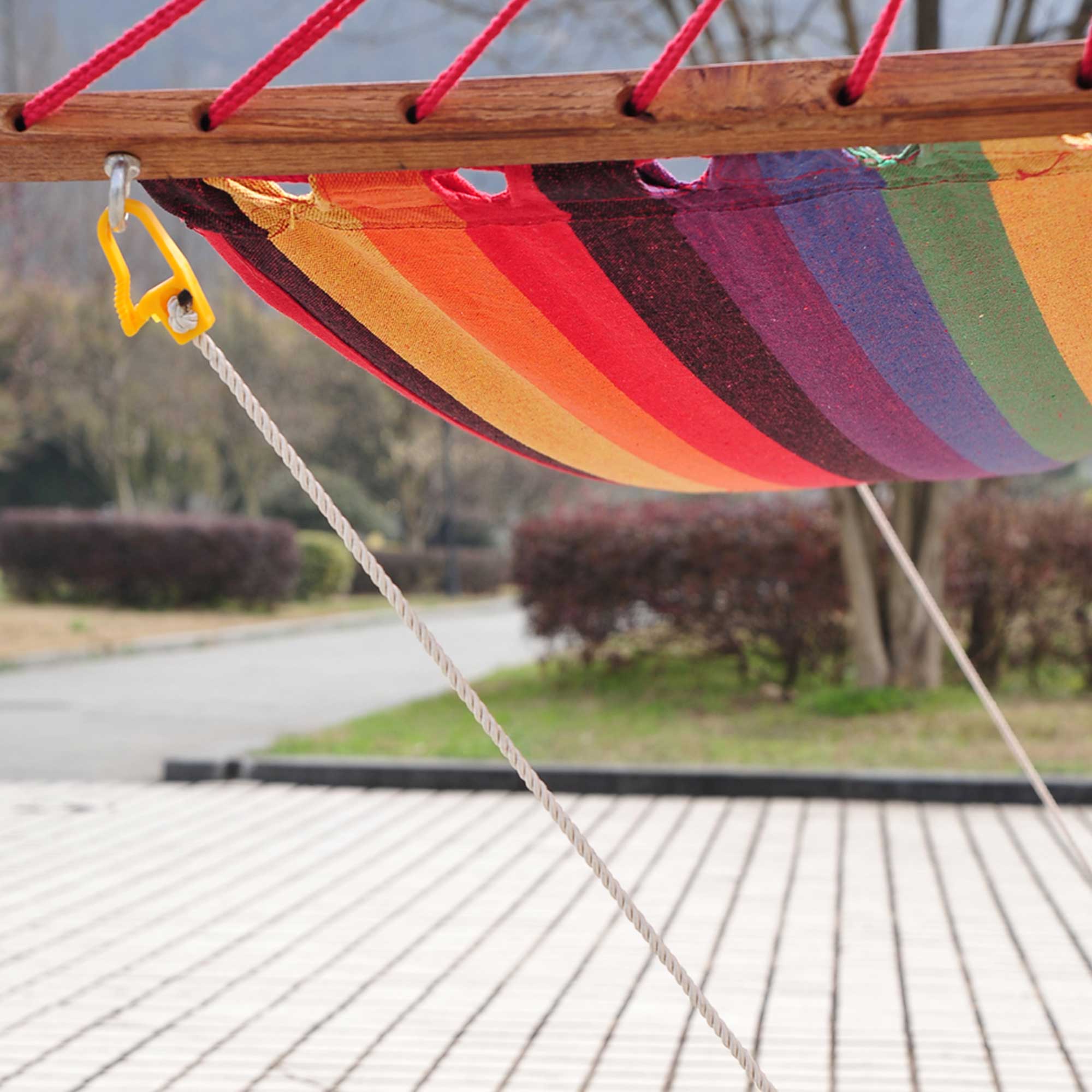 Outsunny Outdoor Hammock with Stand, Free Standing Hammock with Arc Wooden Frame and 200 x 100cm Fabric, Garden Swing Hanging Bed with Safe Ropes, Multicolour 